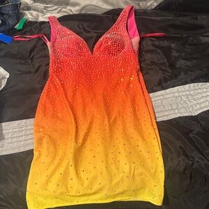 Sleeveless Ombre Crystal Embellished Bodycon Dress - Pink to Yellow
